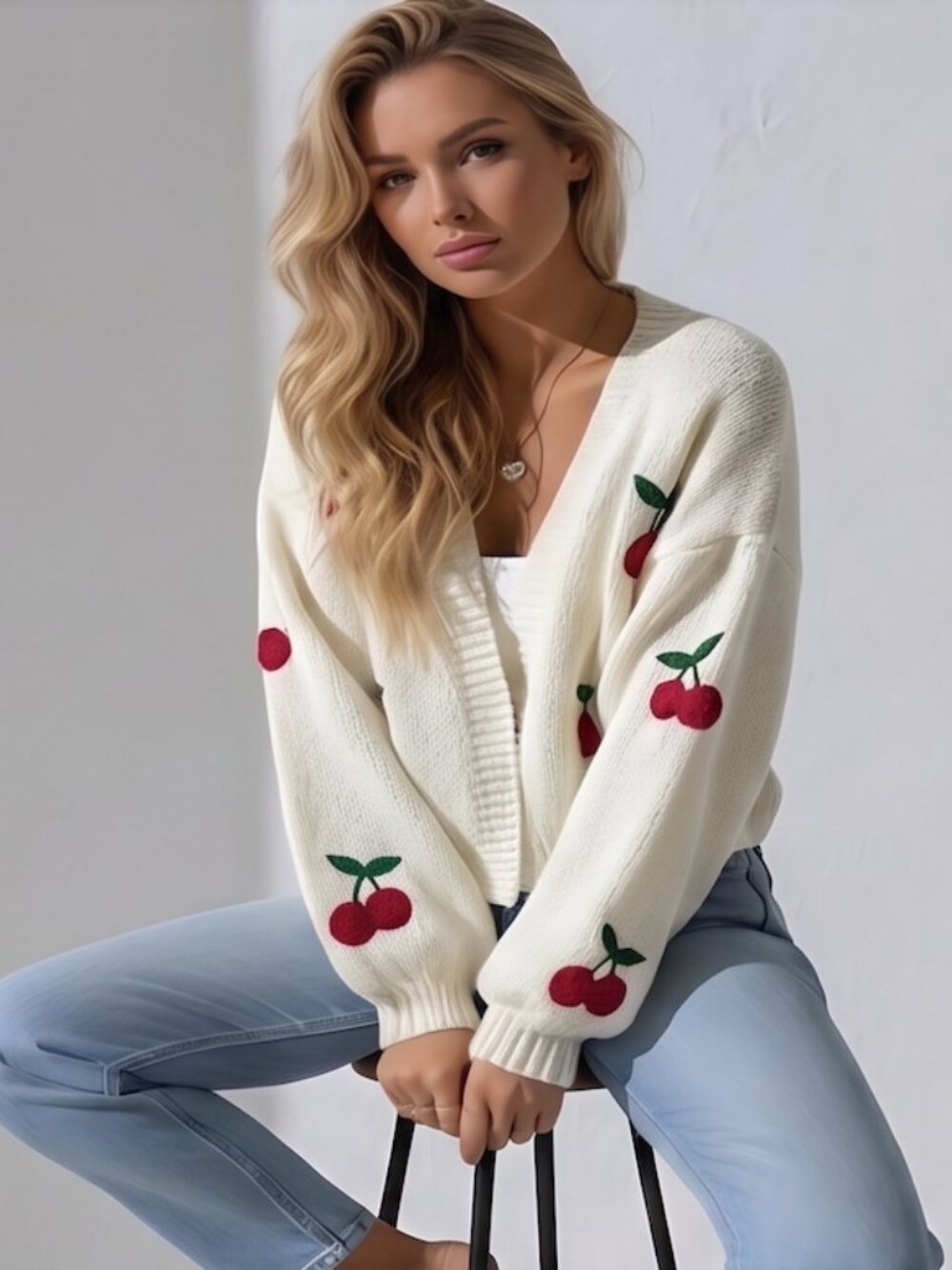 Cherry Embroidery Lantern Sleeve Cardigan Off White
